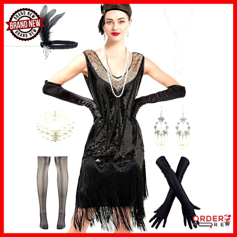 Art Deco Fringed Sequin Flapper Dress with Accessories Set